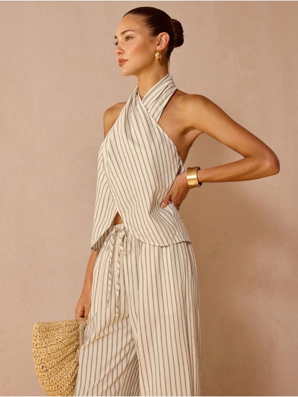 Striped Cream Wide-Leg Drawstring Pants - Cream a shirt set - Picture 2 of 4